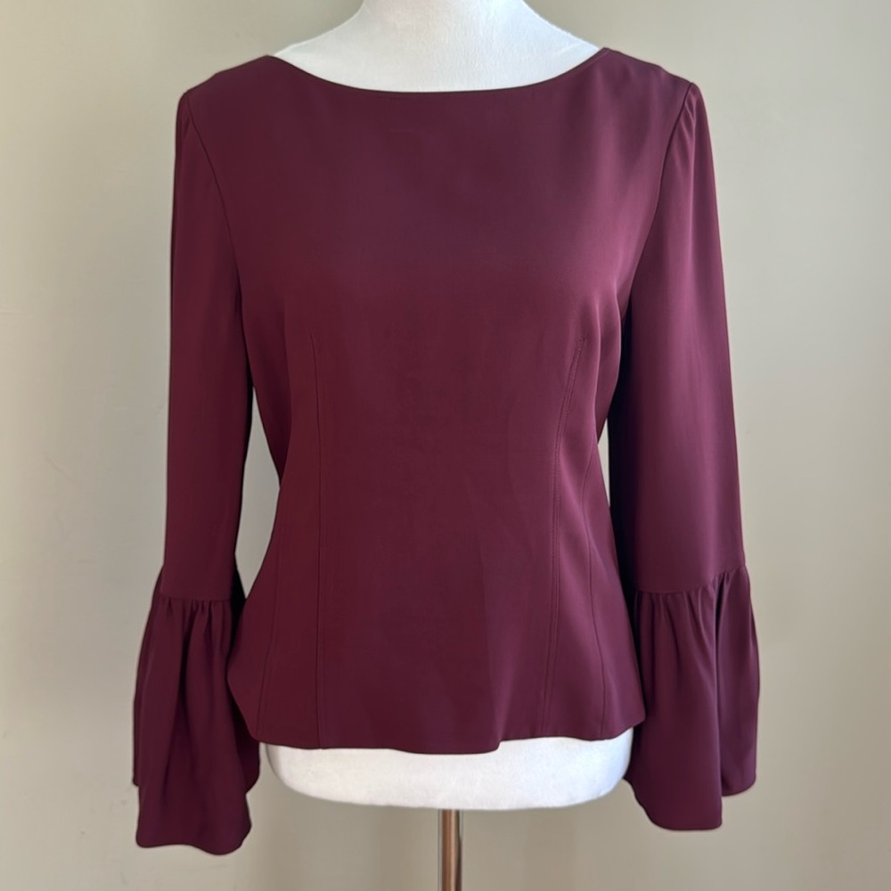 Tibi Bell Sleeve Scoop‎ Neck Corset Style Burgundy Full Zip Top Blouse Size 8